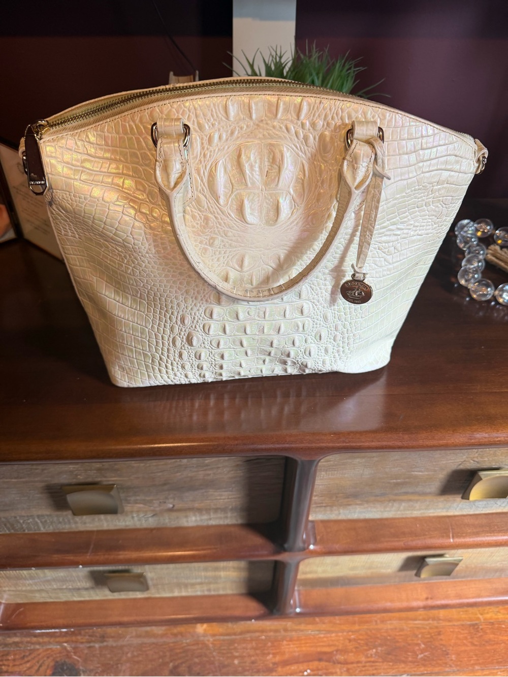 Brahmin Iridescent Cream Croc-Embossed Leather Tote